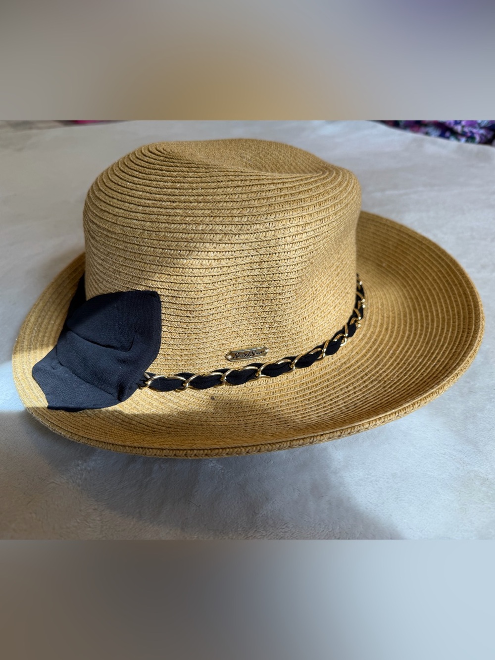 Woven Straw Sun Hat with Black Ribbon & Chain Accent
